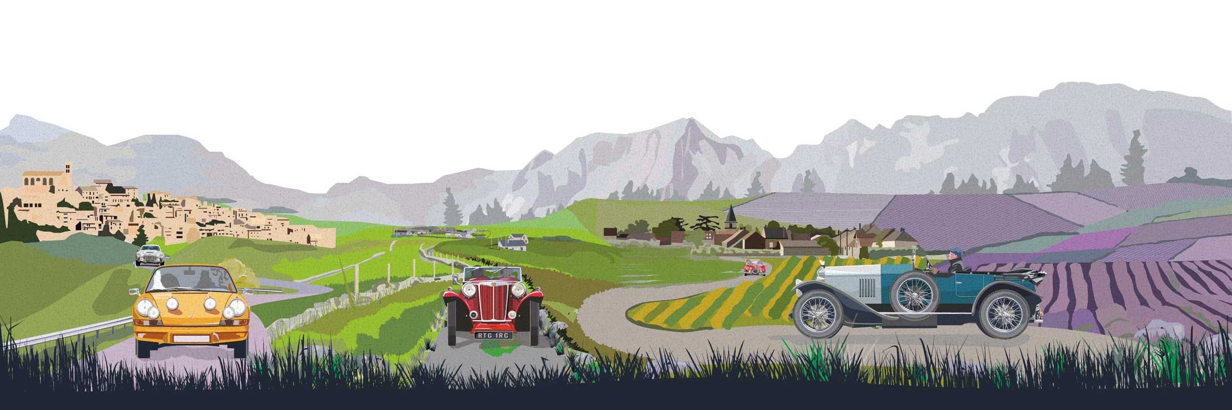 Classic cars on a rally, illustrated